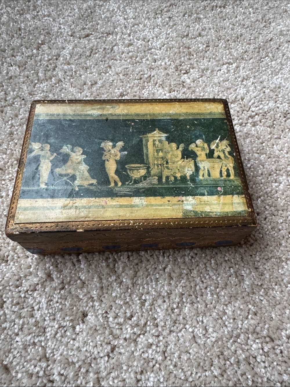 Antique Decorative Painted Trinket Box in Gold and Forest Green